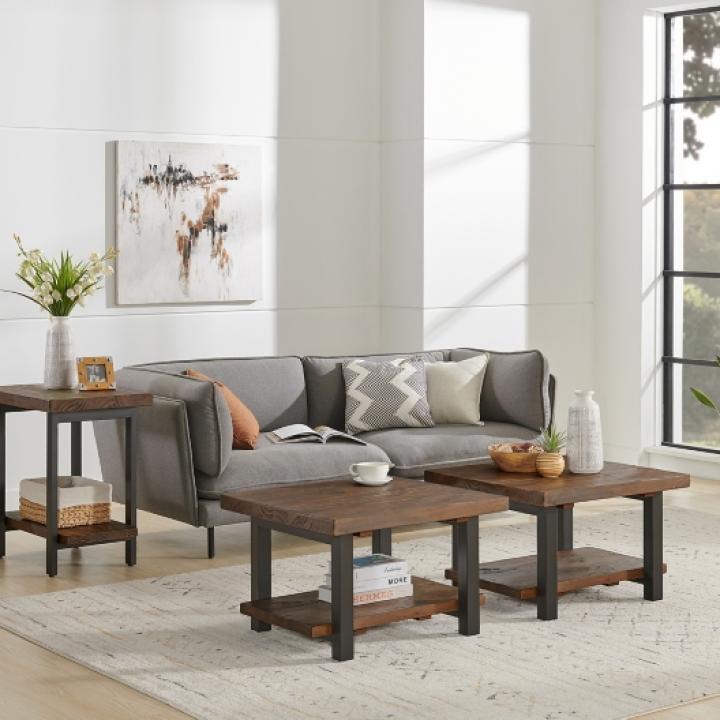 Brown Pine Wood and Metal Accent Table