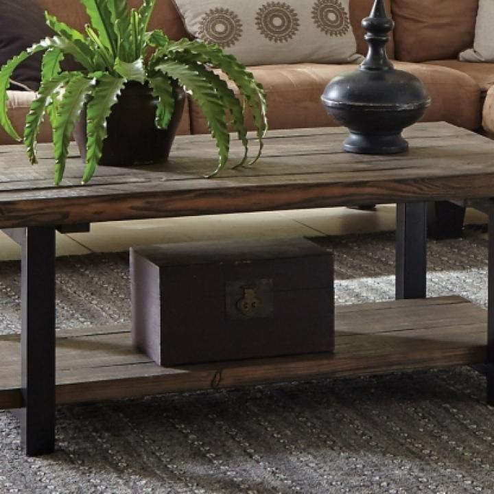 Brown Pine Wood and Metal Coffee Table