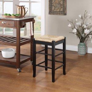 Black Wood and Woven Rush Counter Stool