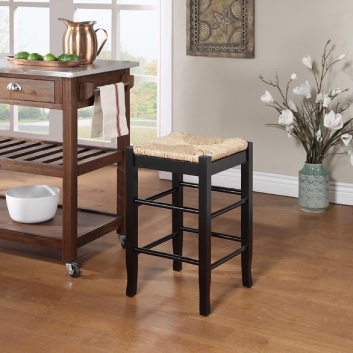 Black Wood and Woven Rush Counter Stool