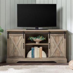 Gray Sliding Barn Doors Corner TV Stand