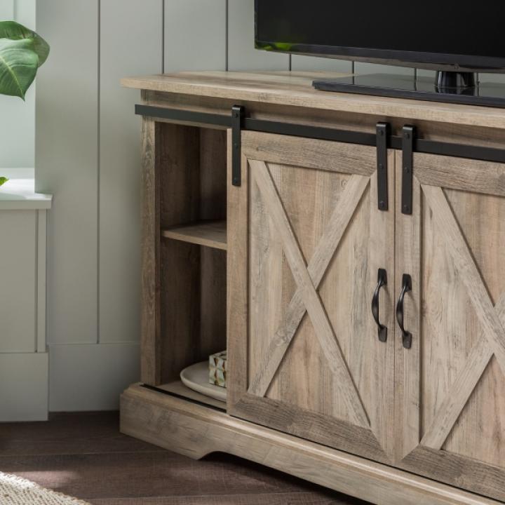 Gray Sliding Barn Doors Corner TV Stand