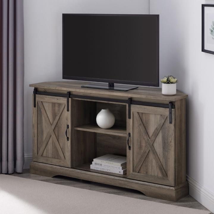 Gray Sliding Barn Doors Corner TV Stand
