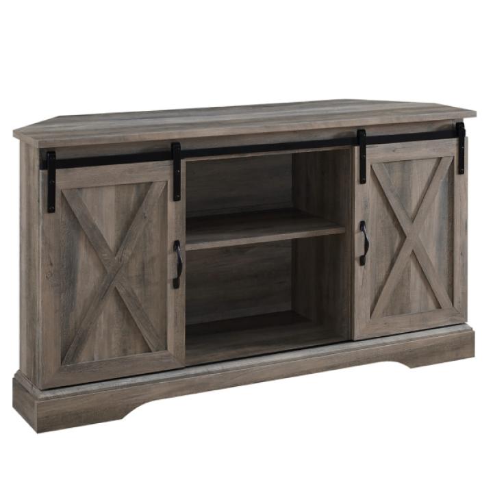 Gray Sliding Barn Doors Corner TV Stand