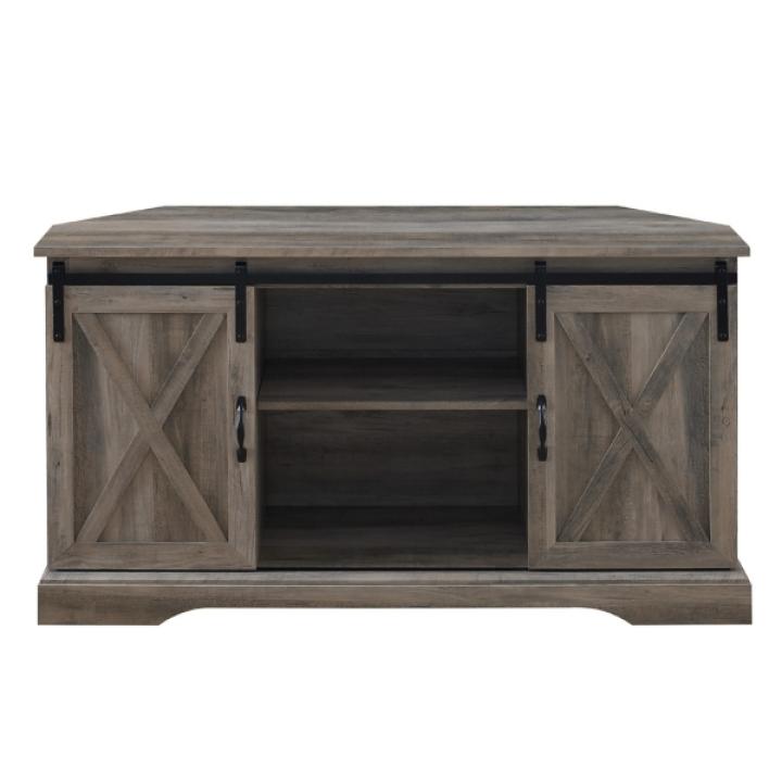 Gray Sliding Barn Doors Corner TV Stand