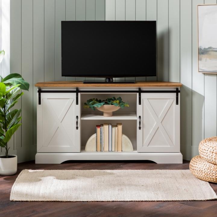 White and Natural Sliding Barn Door TV Stand