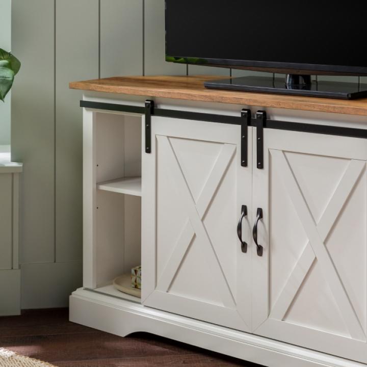 White and Natural Sliding Barn Door TV Stand
