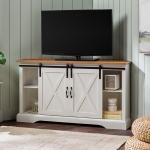 White and Natural Sliding Barn Door TV Stand