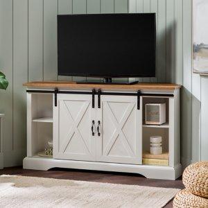 White and Natural Sliding Barn Door TV Stand