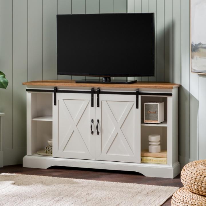 White and Natural Sliding Barn Door TV Stand