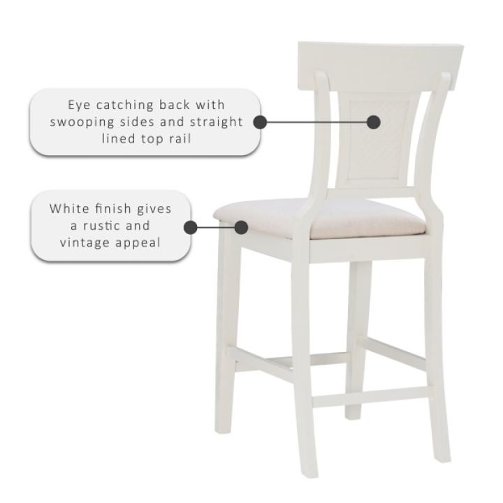 White Wood and Rattan Upholstered Counter Stool