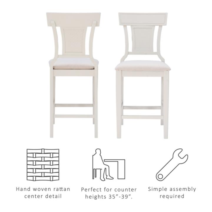 White Wood and Rattan Upholstered Counter Stool