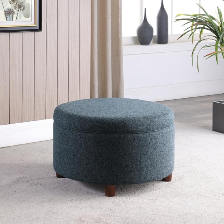 Navy Upholstered Round Storage Ottoman