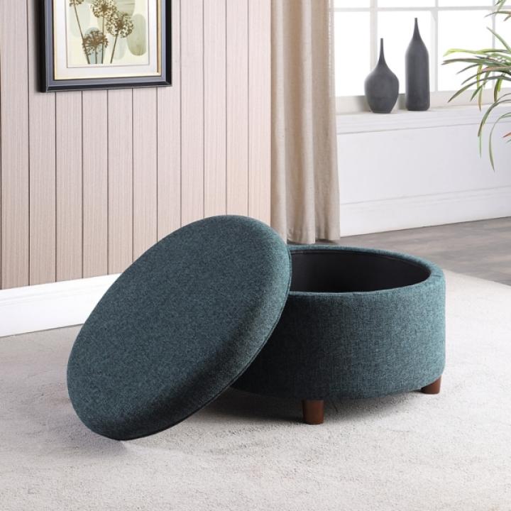 Navy Upholstered Round Storage Ottoman
