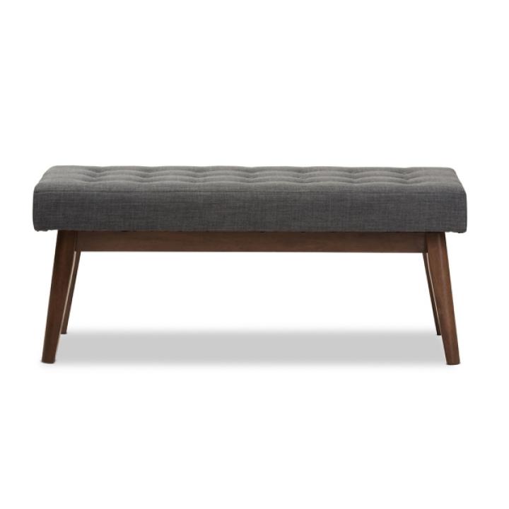 Dark Gray Tufted Walnut Wood Bench