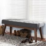 Dark Gray Tufted Walnut Wood Bench