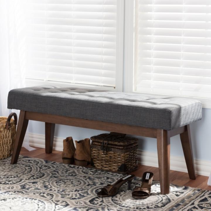 Dark Gray Tufted Walnut Wood Bench