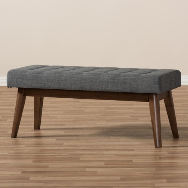 Dark Gray Tufted Walnut Wood Bench