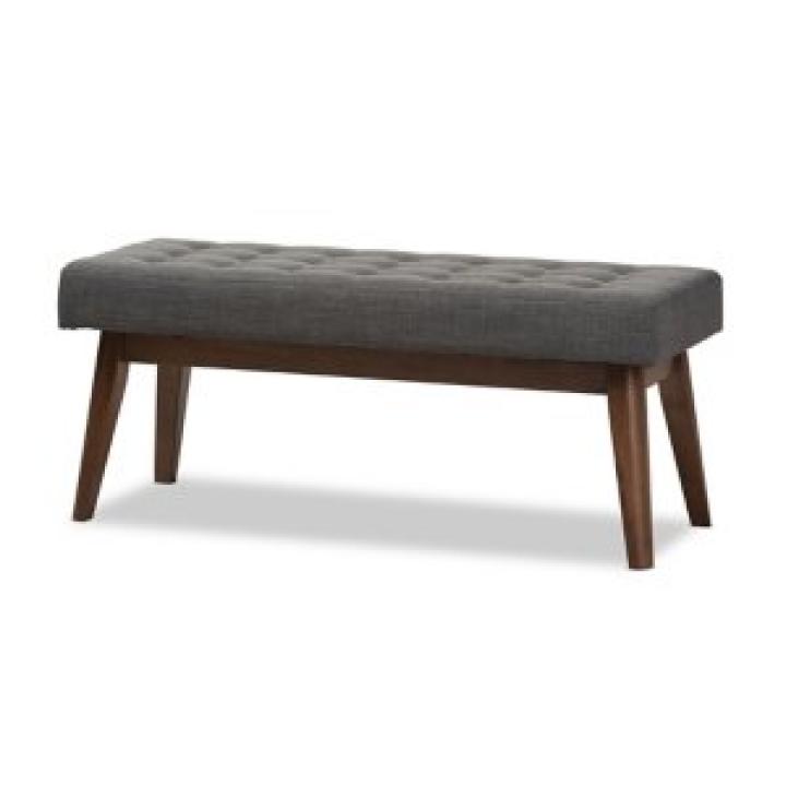 Dark Gray Tufted Walnut Wood Bench