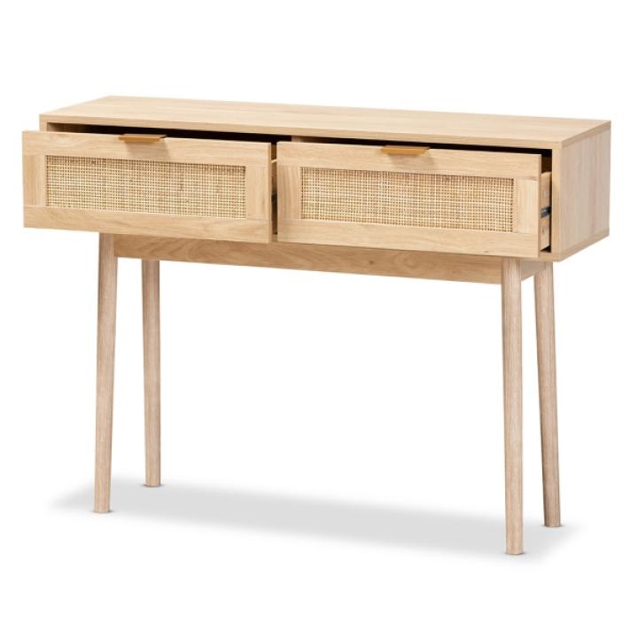 Light Oak Rattan and Wood Console Table