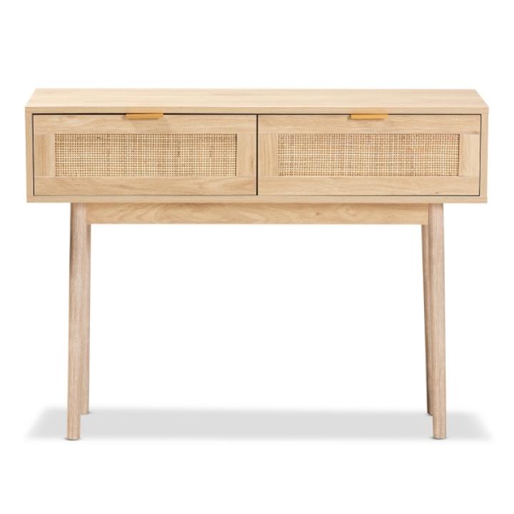 Light Oak Rattan and Wood Console Table