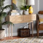 Light Oak Rattan and Wood Console Table