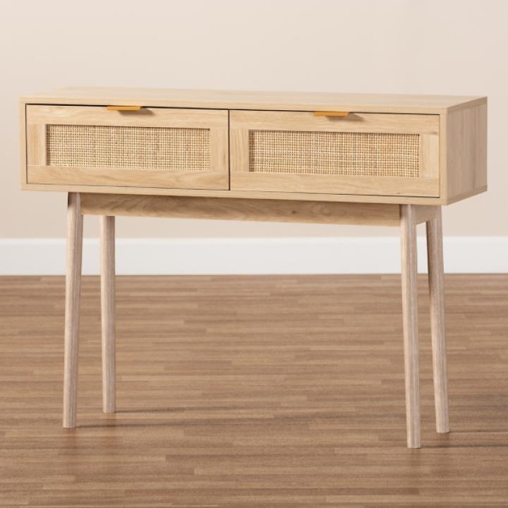 Light Oak Rattan and Wood Console Table