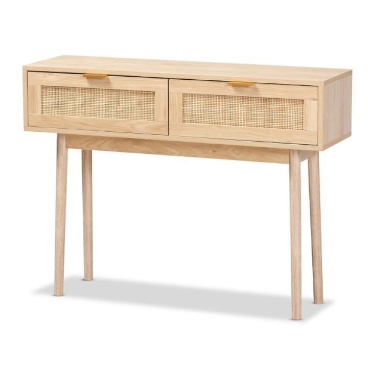 Light Oak Rattan and Wood Console Table