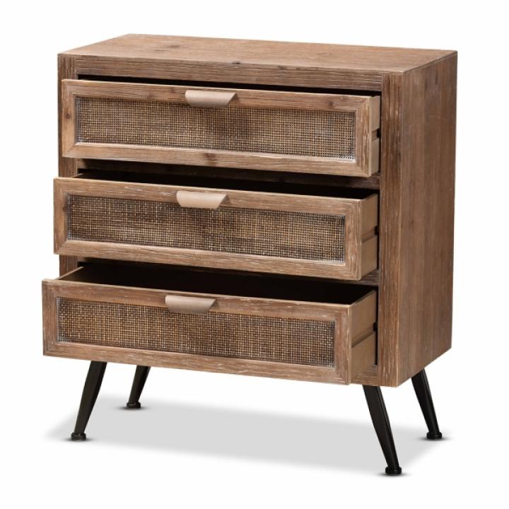 Brown Wood and Rattan 3-Drawer Cabinet