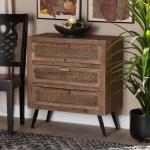 Brown Wood and Rattan 3-Drawer Cabinet