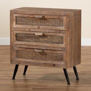 Brown Wood and Rattan 3-Drawer Cabinet