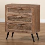 Brown Wood and Rattan 3-Drawer Cabinet