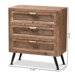 Brown Wood and Rattan 3-Drawer Cabinet
