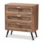 Brown Wood and Rattan 3-Drawer Cabinet