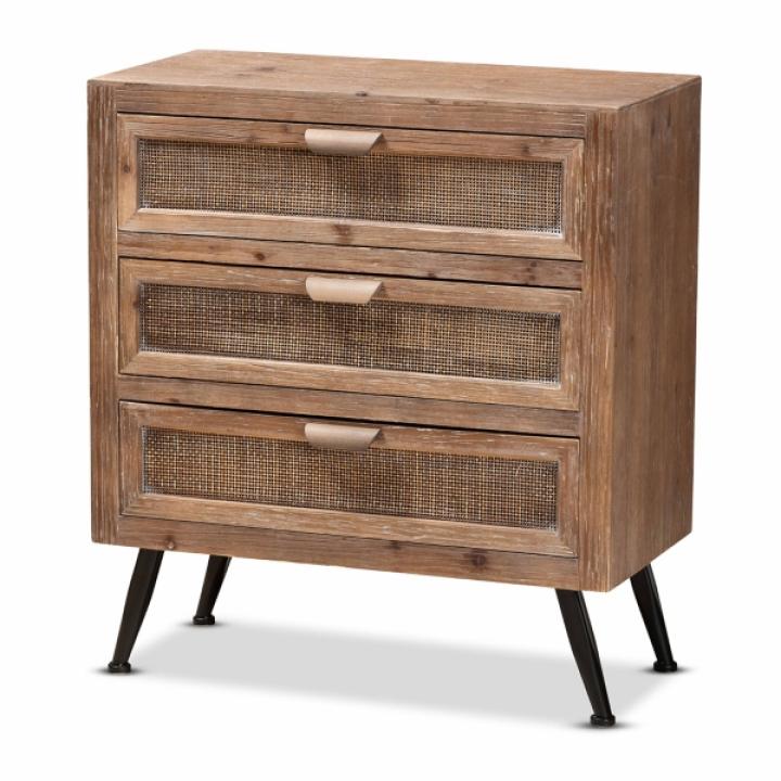 Brown Wood and Rattan 3-Drawer Cabinet