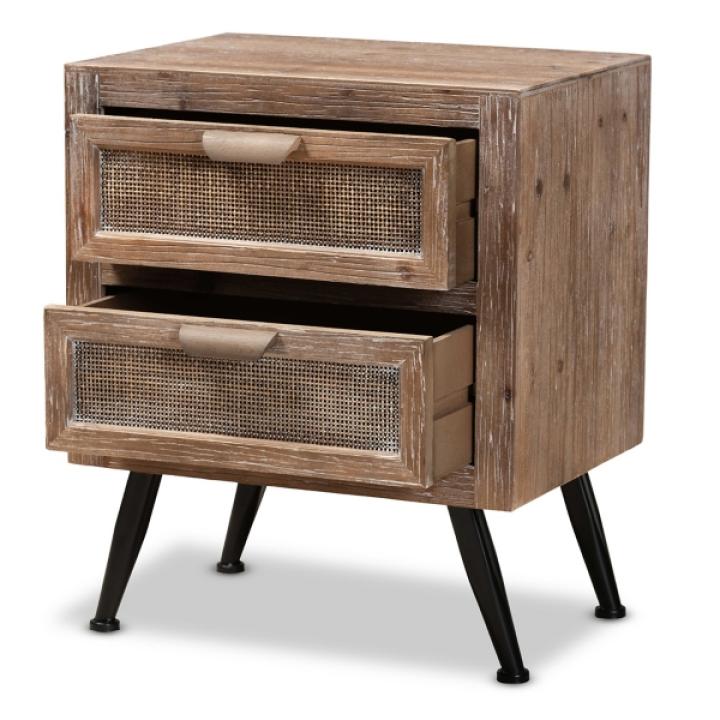 Brown Wood and Rattan 2-Drawer Nightstand