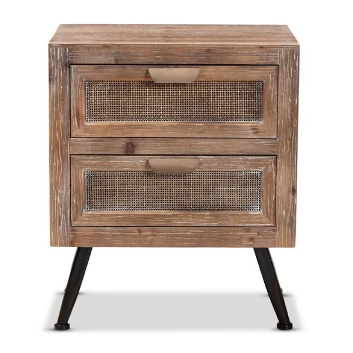 Brown Wood and Rattan 2-Drawer Nightstand