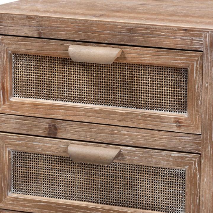 Brown Wood and Rattan 2-Drawer Nightstand