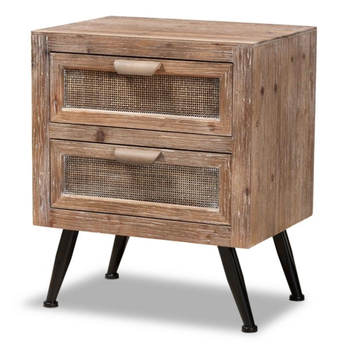 Brown Wood and Rattan 2-Drawer Nightstand