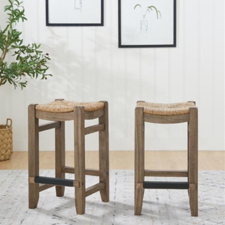 Twisted Seagrass and Wood Counter Stools, Set of 2