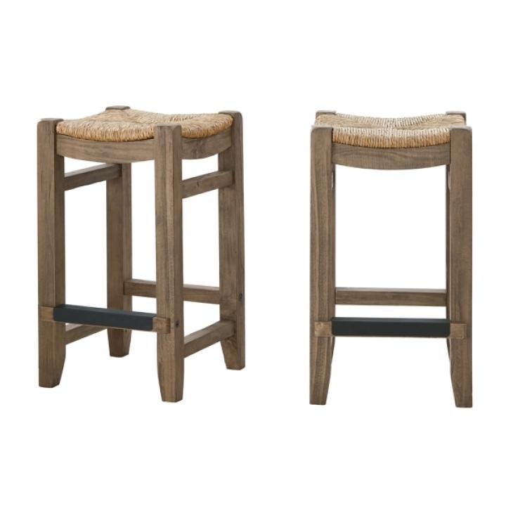 Twisted Seagrass and Wood Counter Stools, Set of 2