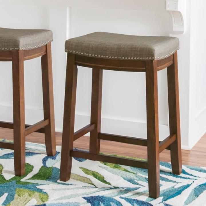 Walnut Wood Counter Stool with Gray Cushion