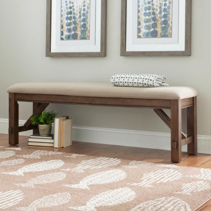 Tan Basketweave Upholstered Wood Bench