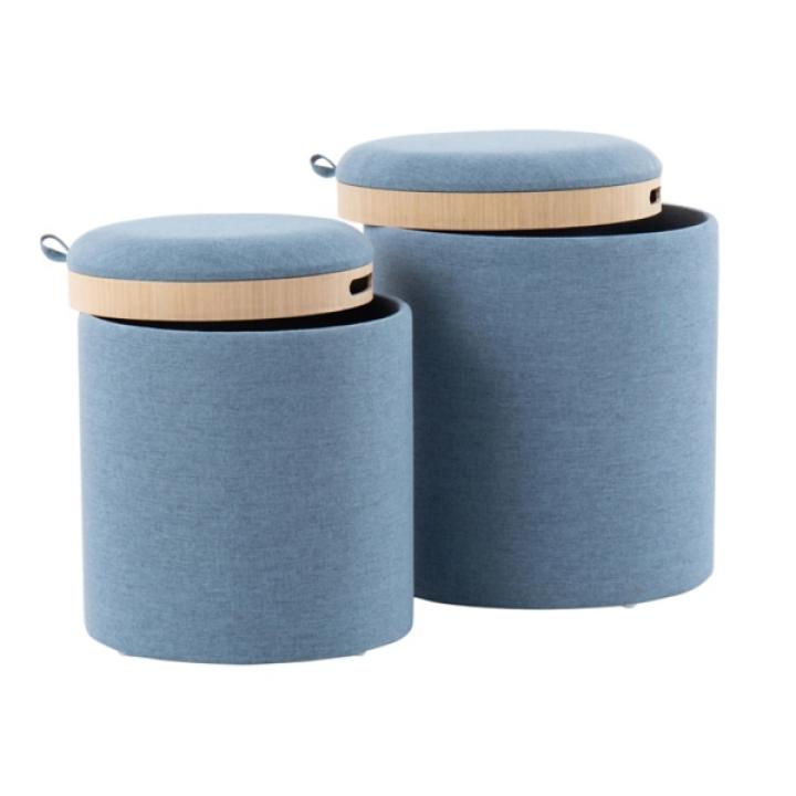 Blue Upholstered Ottomans with Tray Tops, Set of 2