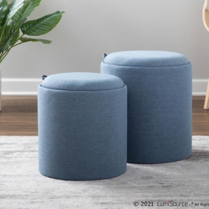 Blue Upholstered Ottomans with Tray Tops, Set of 2