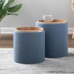 Blue Upholstered Ottomans with Tray Tops, Set of 2