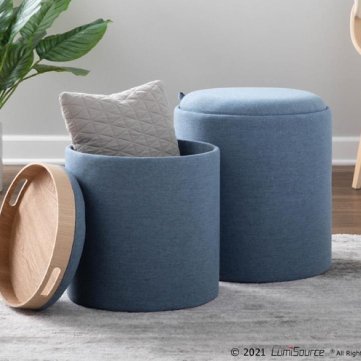 Blue Upholstered Ottomans with Tray Tops, Set of 2