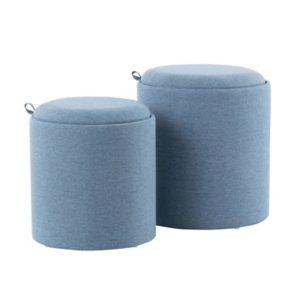 Blue Upholstered Ottomans with Tray Tops, Set of 2