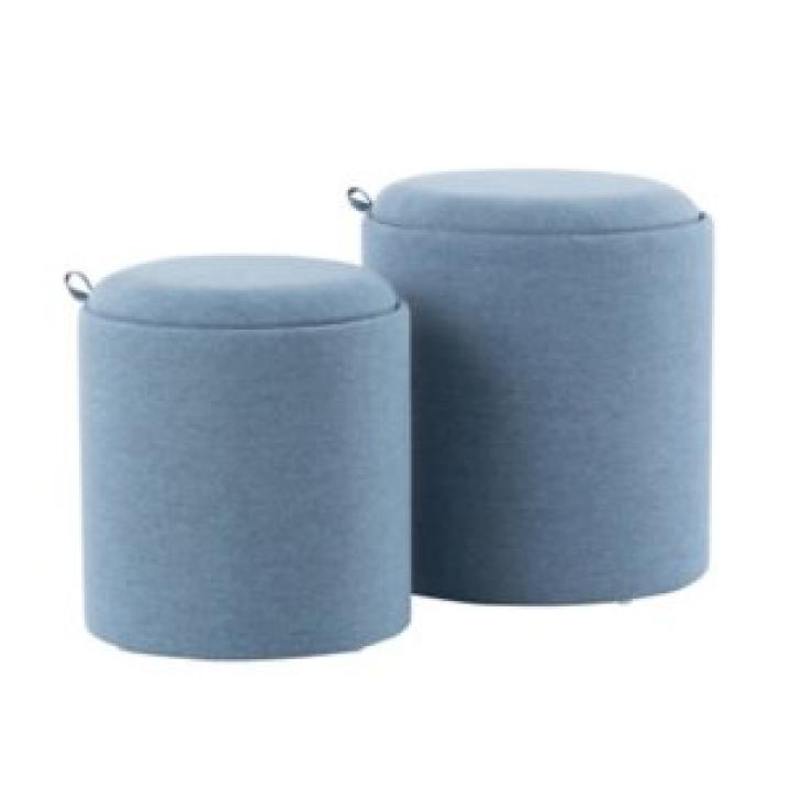 Blue Upholstered Ottomans with Tray Tops, Set of 2