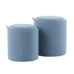 Blue Upholstered Ottomans with Tray Tops, Set of 2